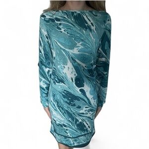 Michael Kors Turquoise Long-Sleeve Marble-Print Dress, XS. Nautical/mermaid